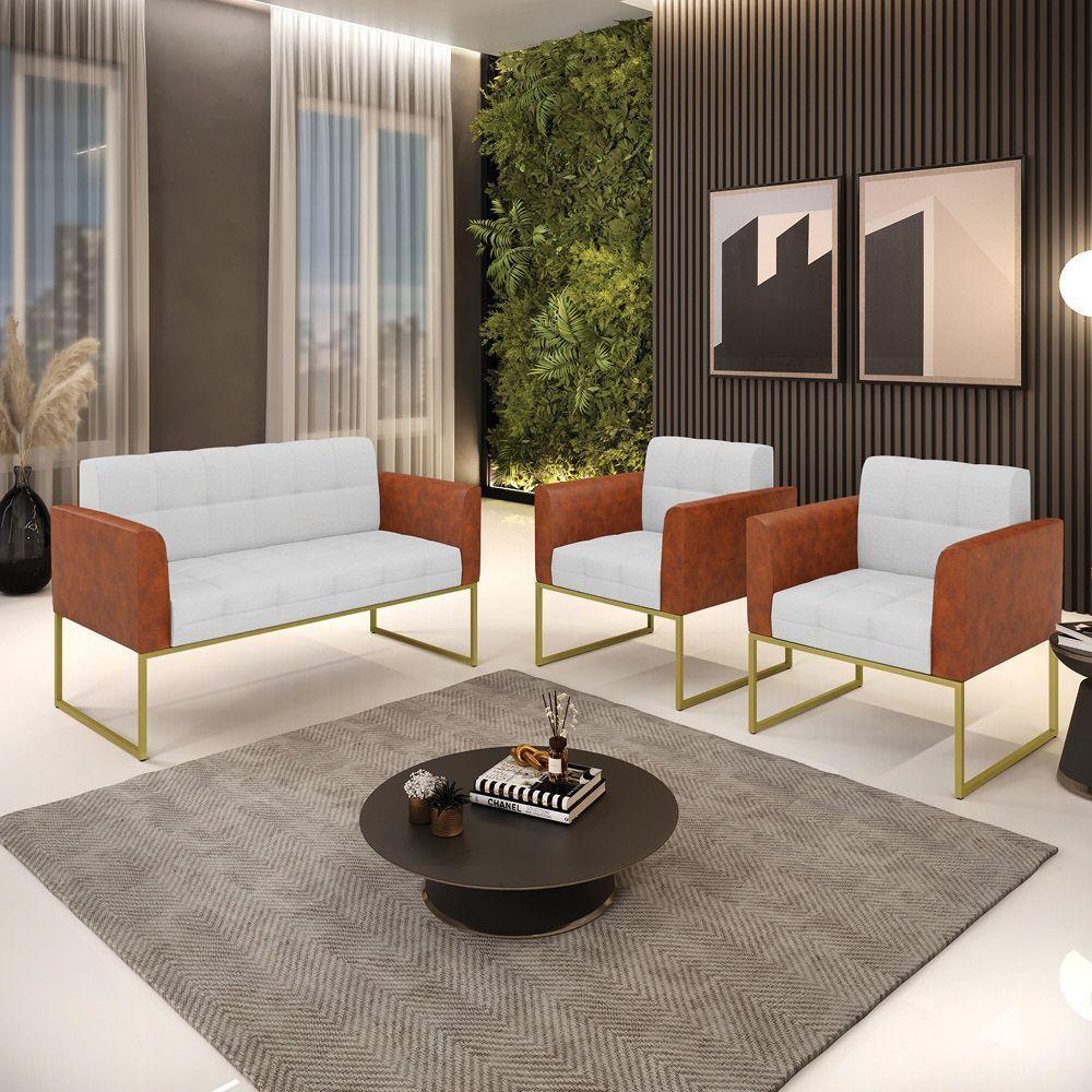 Sofá Namoradeira E 2 Poltronas Base Industrial Dourado Elisa Nozes-linho Cinza A05 D03 - D'rossi - 7