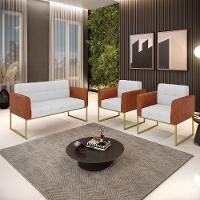 Sofá Namoradeira E 2 Poltronas Base Industrial Dourado Elisa Nozes-linho Cinza A05 D03 - D'rossi - 7