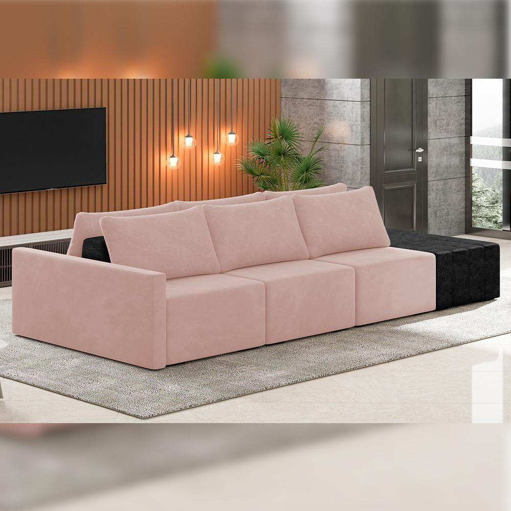 Sofá Ilha Modular Para Sala 312cm Com Puff Dublin K01 Veludo Rosê E Sintético Preto - Lyam Decor - 6