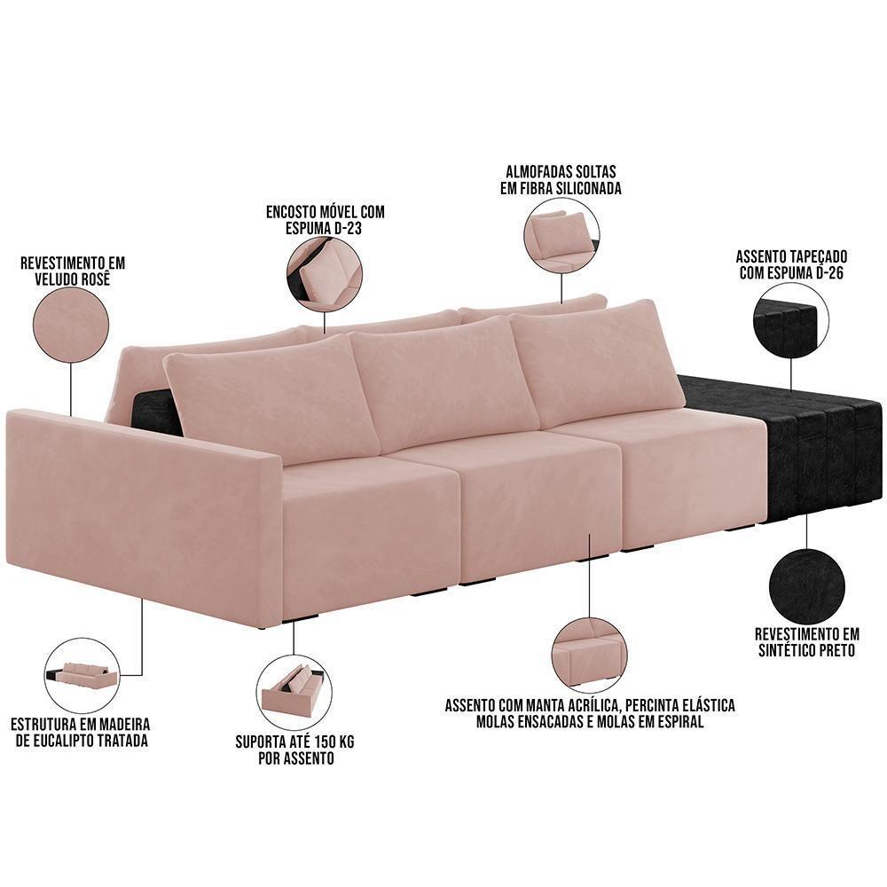 Sofá Ilha Modular Para Sala 312cm Com Puff Dublin K01 Veludo Rosê E Sintético Preto - Lyam Decor - 7
