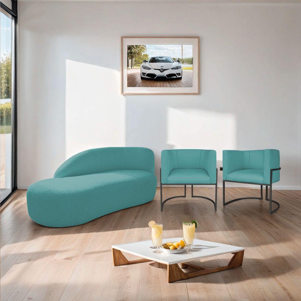 Kit Divã Luna 140cm Lado Esquerdo E 02 Poltronas Base De Ferro Preto Suede Cor Azul Turquesa - 9