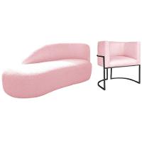 Kit Divã Luna 140cm Lado Esquerdo E 01 Poltrona Base De Ferro Preto Suede Cor Rosa Bebê - 1