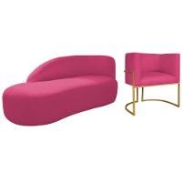 Kit Divã Luna 185cm Lado Esquerdo E 01 Poltrona Base De Ferro Dourado Suede Cor Pink - 1