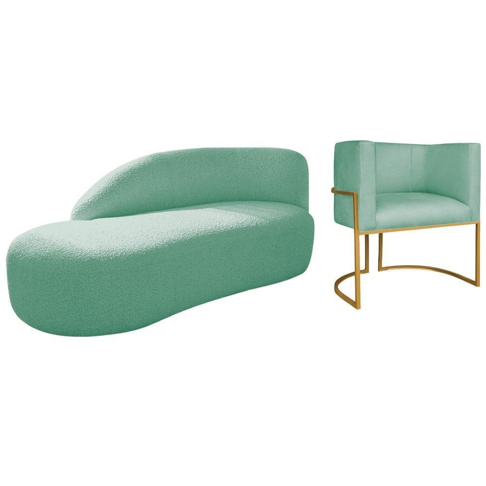 Kit Divã Luna 140cm Lado Esquerdo E 01 Poltrona Base De Ferro Dourado Suede Cor Azul Tiffany - 1