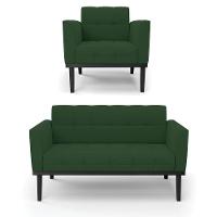 Sofá Namoradeira E Poltrona Base De Madeira Preto Elisa Veludo Verde D03 - D'rossi - 1