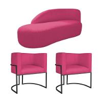 Kit Divã Luna 140cm Lado Esquerdo E 02 Poltronas Base De Ferro Preto Suede Cor Pink - 1