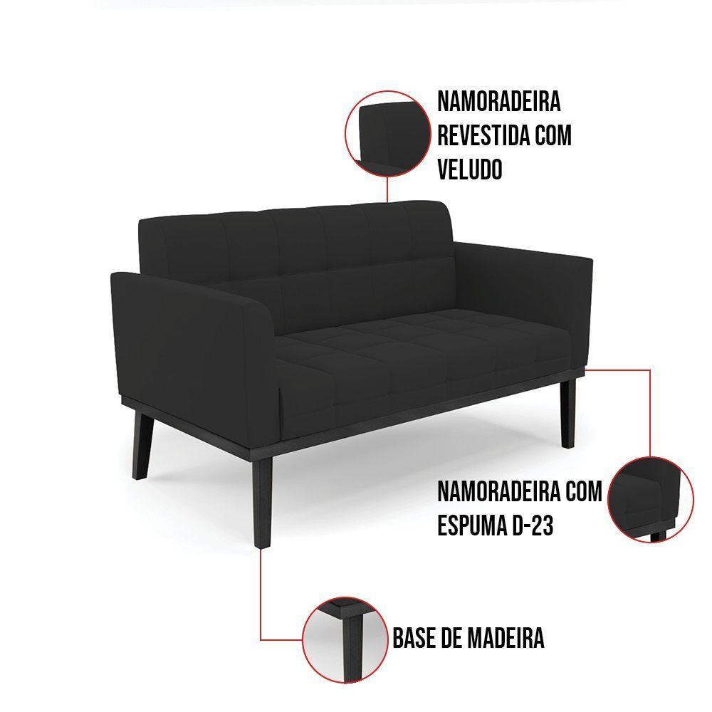 Sofá Namoradeira E 2 Poltronas Base De Madeira Preto Elisa Veludo D03 - D'rossi Cor Preto - 3