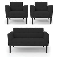 Sofá Namoradeira E 2 Poltronas Base De Madeira Preto Elisa Veludo D03 - D'rossi Cor Preto - 1