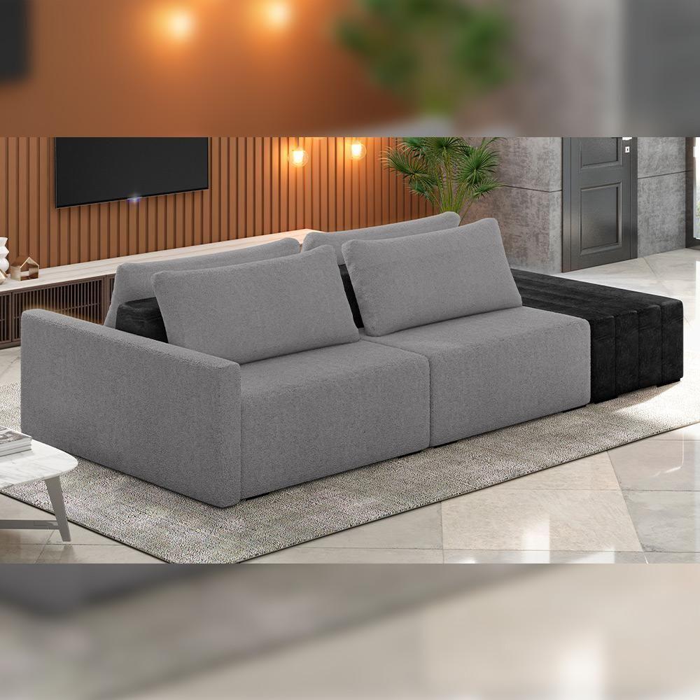 Sofá Ilha Modular Para Sala 252cm Com Puff Dublin K01 Bouclê Cinza E Sintético Preto - Lyam Decor - 6