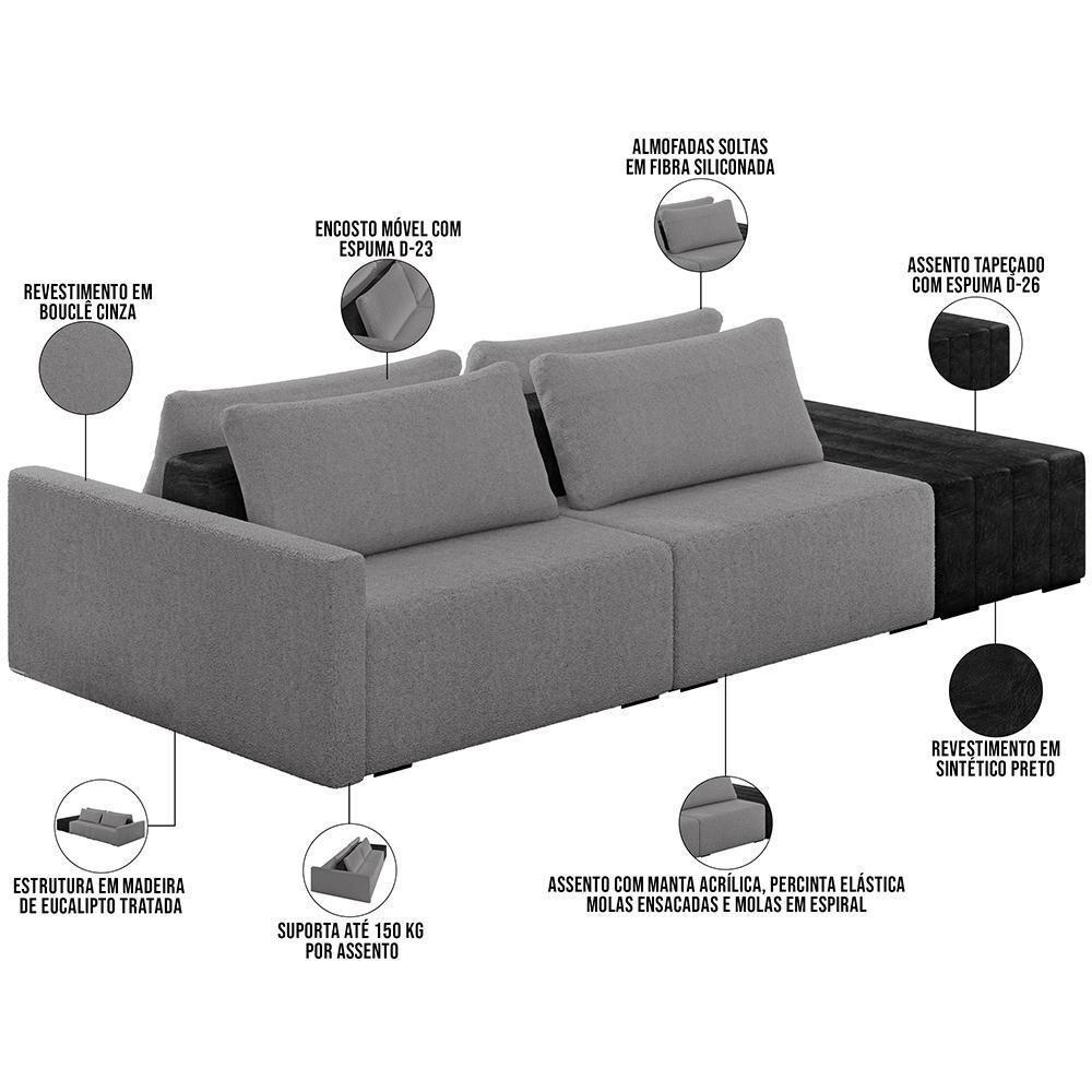 Sofá Ilha Modular Para Sala 252cm Com Puff Dublin K01 Bouclê Cinza E Sintético Preto - Lyam Decor - 7