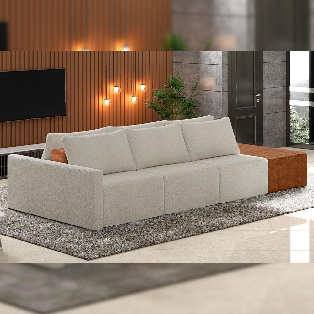Sofá Ilha Modular Para Sala 312cm Com Puff Dublin K01 Bouclê Creme Sintético Caramelo - Lyam Decor - 6