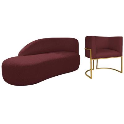 Kit Divã Luna 185cm Lado Esquerdo E 01 Poltrona Base De Ferro Dourado Suede Cor Bordô