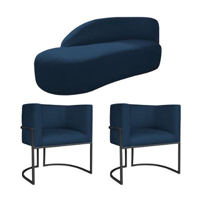 Kit Divã Luna 140cm Lado Esquerdo E 02 Poltronas Base De Ferro Preto Suede Cor Azul Marinho