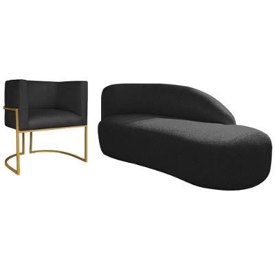 Kit Divã Luna 140cm Lado Direito E 01 Poltrona Base De Ferro Dourado Suede Cor Preto