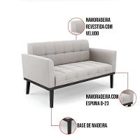 Sofá Namoradeira E Poltrona Base De Madeira Preto Elisa Veludo D03 - D'rossi Cor Cinza - 3