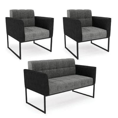 Sofá Namoradeira E 2 Poltronas Base Industrial Preto Elisa Preto-linho Grafi A26 D03 - D'rossi