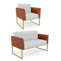 Sofá Namoradeira E Poltrona Base Industrial Dourado Elisa Nozes-linho Cinza A05 D03 - D'rossi - 1