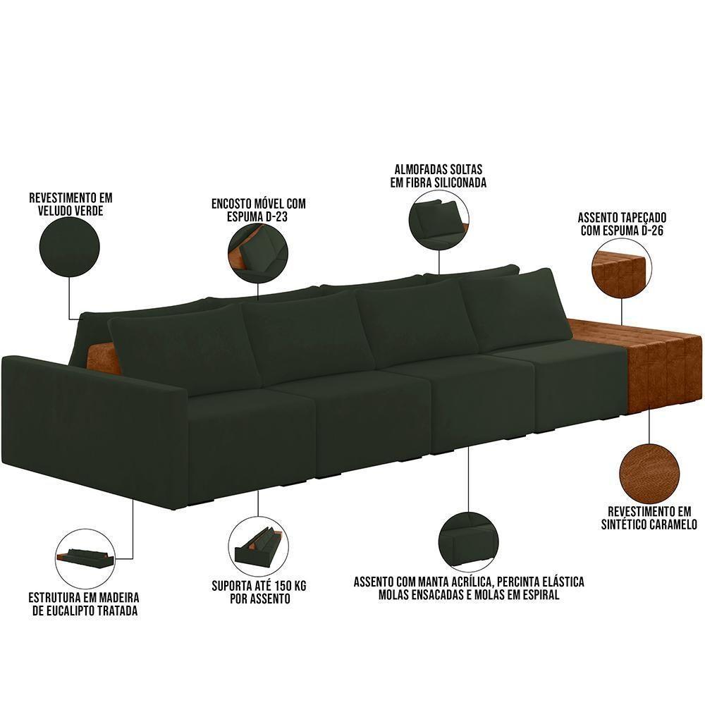 Sofá Ilha Modular Para Sala 392cm Com Puff Dublin K01 Veludo Verde Sintético Caramelo - Lyam Decor - 6