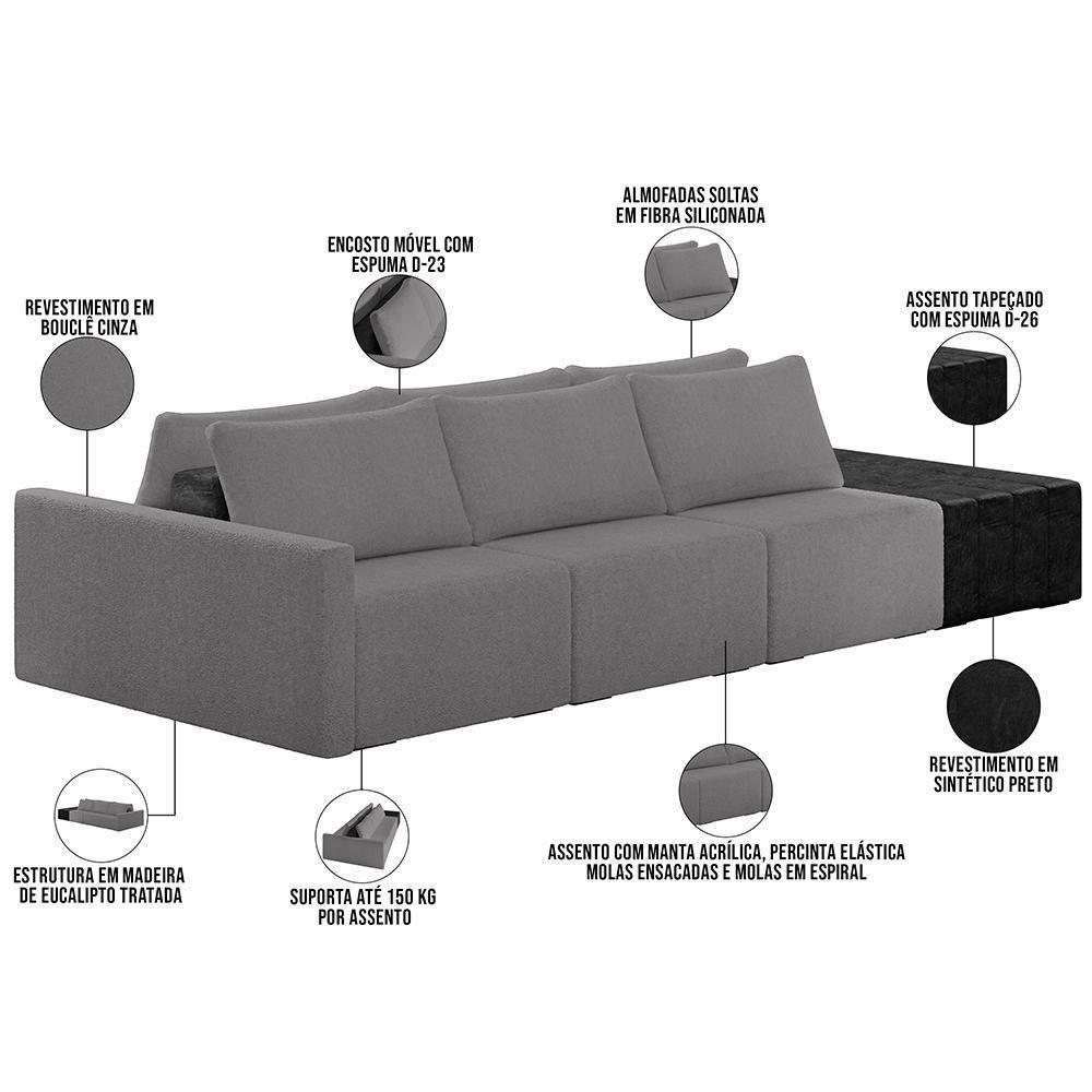 Sofá Ilha Modular Para Sala 312cm Com Puff Dublin K01 Bouclê Cinza E Sintético Preto - Lyam Decor - 7