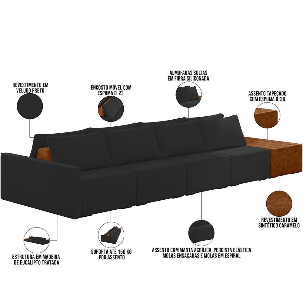 Sofá Ilha Modular Para Sala 432cm Com Puff Dublin K01 Veludo Preto Sintético Caramelo - Lyam Decor - 2