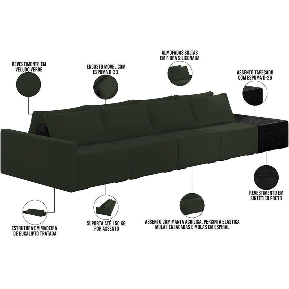 Sofá Ilha Modular Para Sala 432cm Com Puff Dublin K01 Veludo Verde E Sintético Preto - Lyam Decor - 4