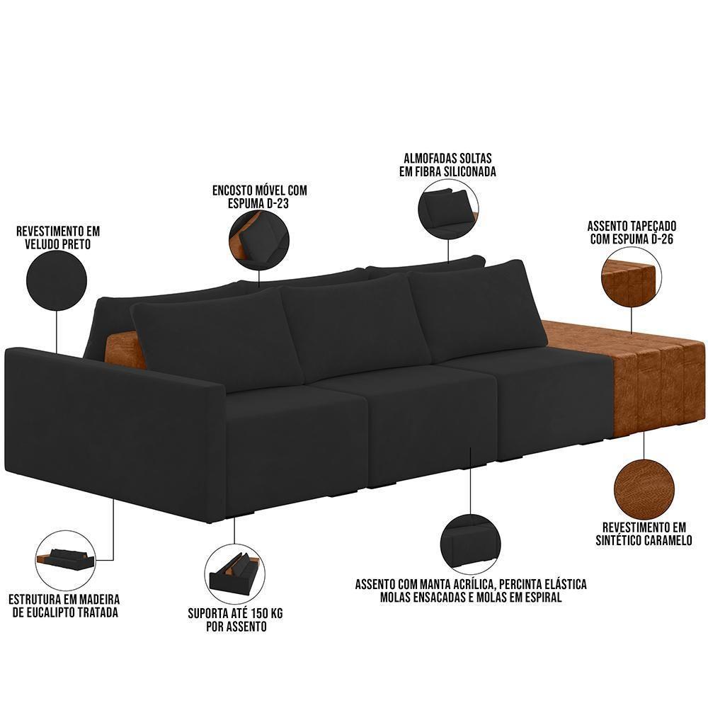 Sofá Ilha Modular Para Sala 342cm Com Puff Dublin K01 Veludo Preto Sintético Caramelo - Lyam Decor - 4