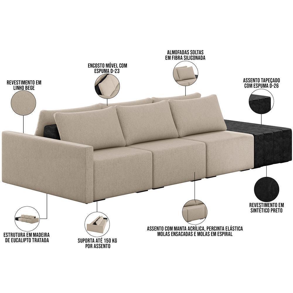 Sofá Ilha Modular Para Sala 342cm Com Puff Dublin K01 Linho Bege E Sintético Preto - Lyam Decor - 7
