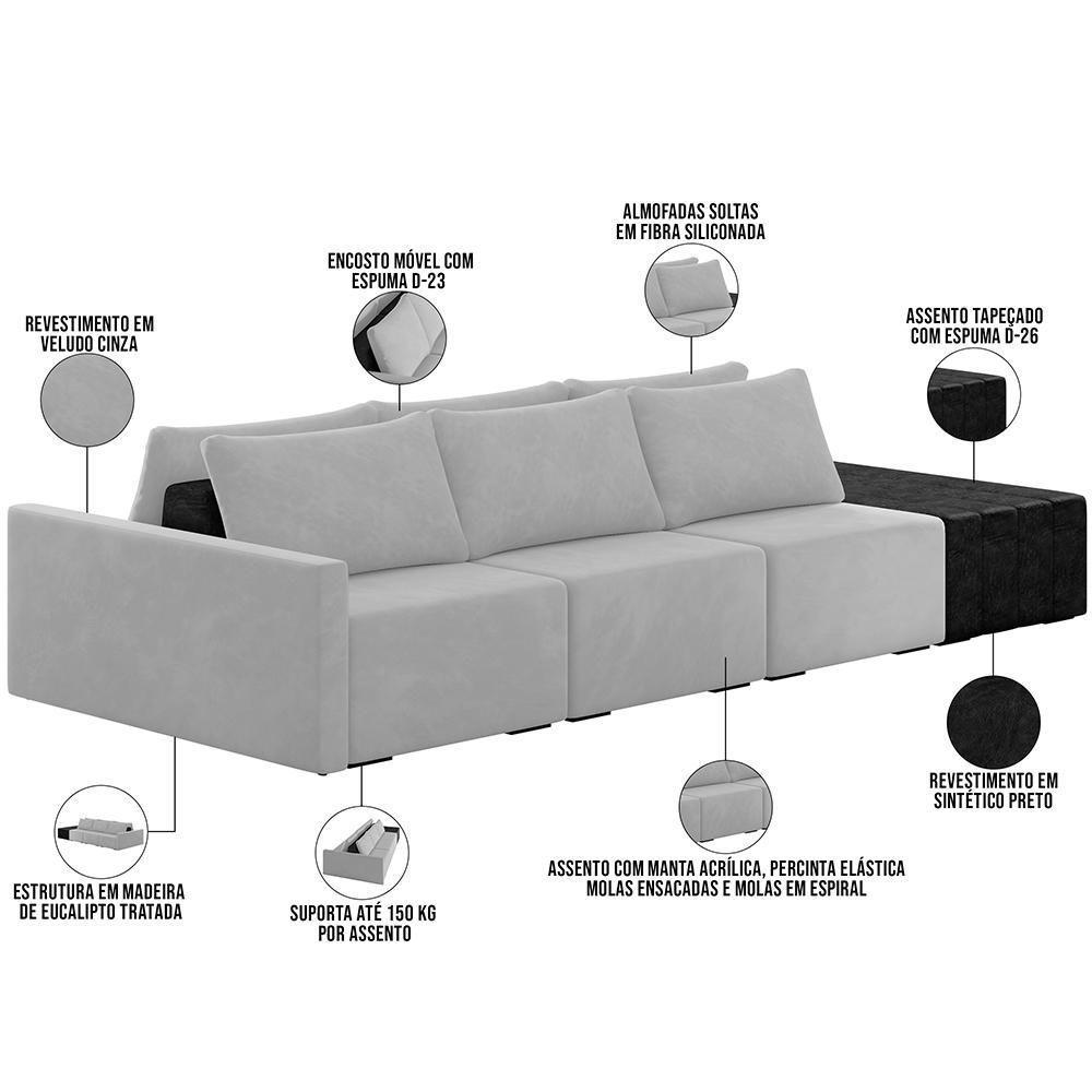 Sofá Ilha Modular Para Sala 312cm Com Puff Dublin K01 Veludo Cinza E Sintético Preto - Lyam Decor - 7