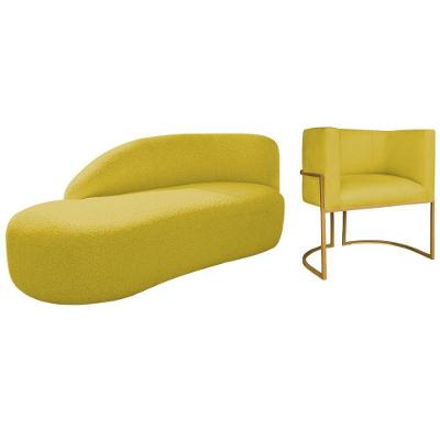 Kit Divã Luna 140cm Lado Esquerdo E 01 Poltrona Base De Ferro Dourado Suede Cor Amarelo