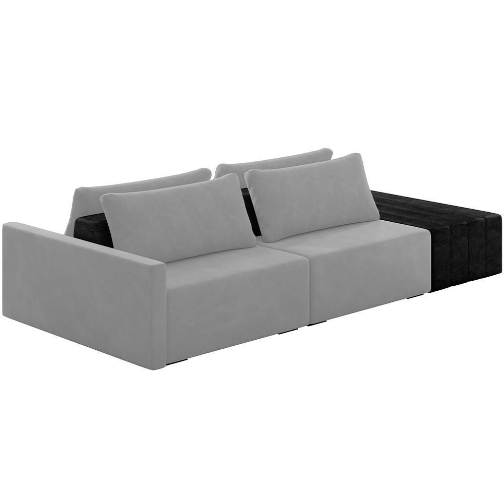 Sofá Ilha Modular Para Sala 232cm Com Puff Dublin K01 Veludo Cinza E Sintético Preto - Lyam Decor - 1