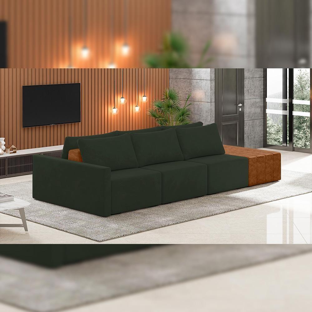 Sofá Ilha Modular Para Sala 312cm Com Puff Dublin K01 Veludo Verde Sintético Caramelo - Lyam Decor - 6