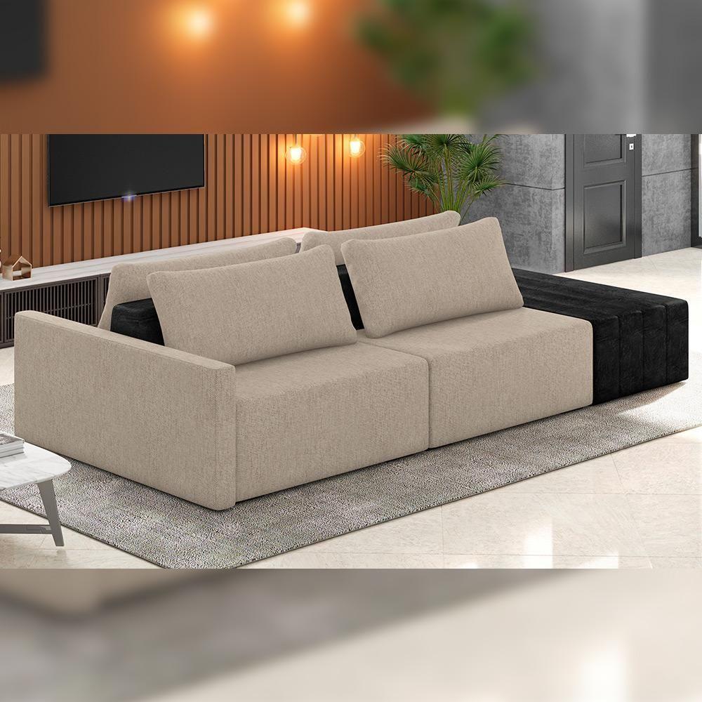 Sofá Ilha Modular Para Sala 232cm Com Puff Dublin K01 Linho Bege E Sintético Preto - Lyam Decor - 6