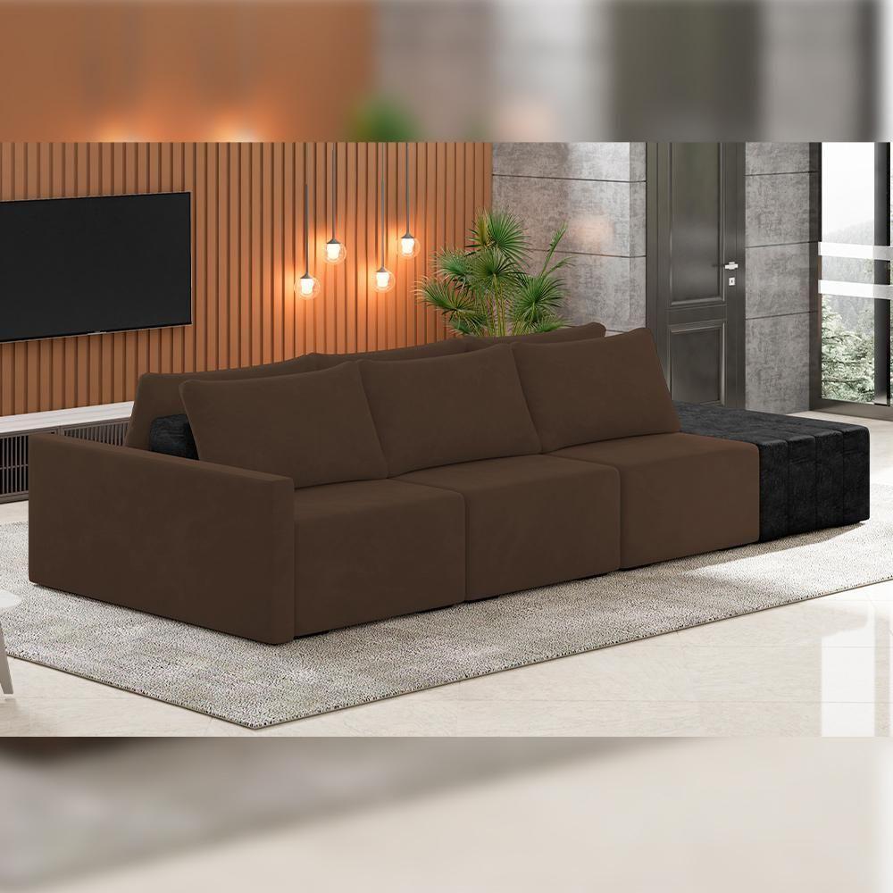 Sofá Ilha Modular Para Sala 342cm Com Puff Dublin K01 Veludo Marrom E Sintético Preto - Lyam Decor - 6