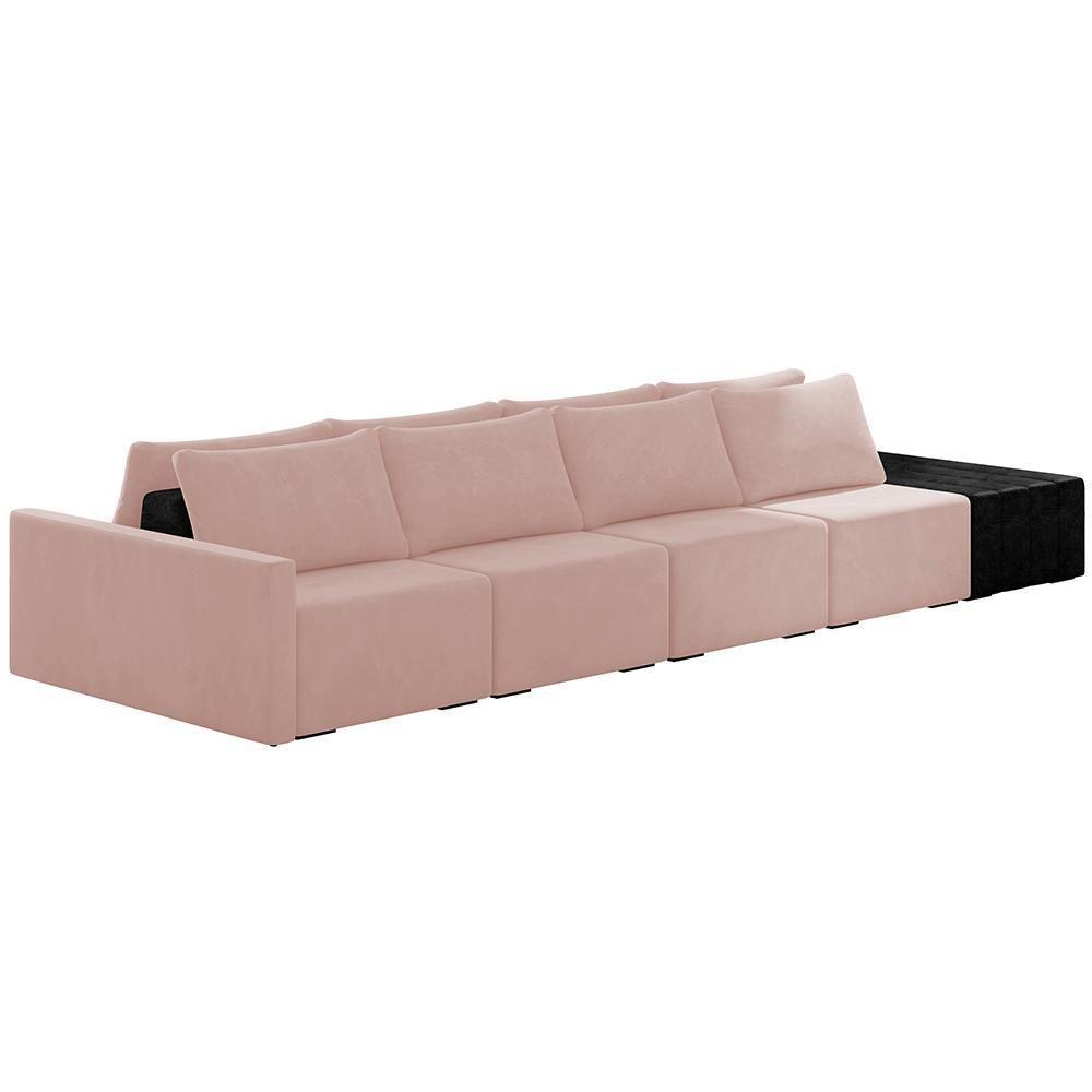 Sofá Ilha Modular Para Sala 392cm Com Puff Dublin K01 Veludo Rosê E Sintético Preto - Lyam Decor - 1