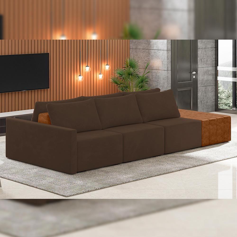 Sofá Ilha Modular Para Sala 342cm Com Puff Dublin K01 Veludo Marrom Sintético Caramelo - Lyam Decor - 7