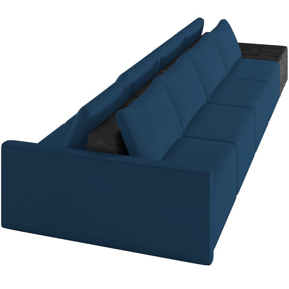 Sofá Ilha Modular Para Sala 392cm Com Puff Dublin K01 Veludo Azul Marinho E Sintético Preto - Lyam Decor - 4
