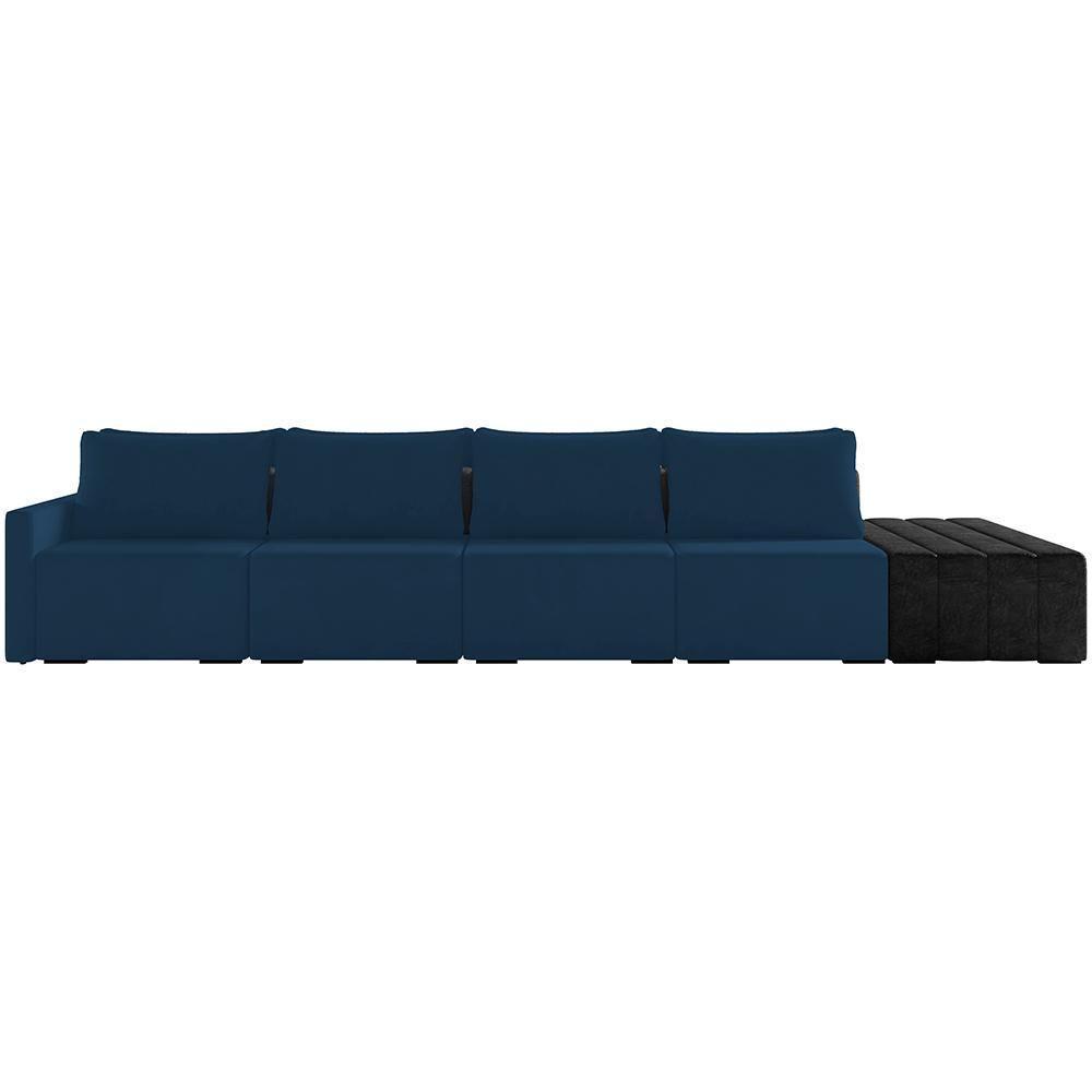 Sofá Ilha Modular Para Sala 392cm Com Puff Dublin K01 Veludo Azul Marinho E Sintético Preto - Lyam Decor - 5