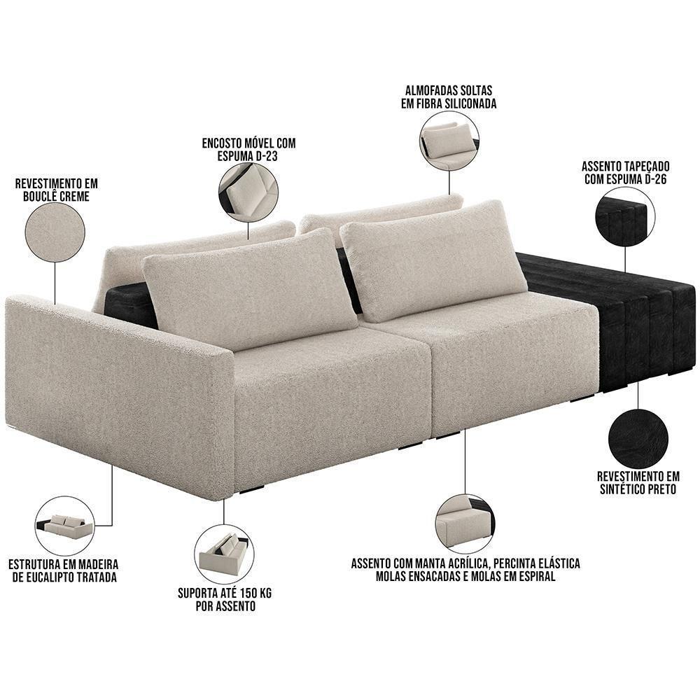 Sofá Ilha Modular Para Sala 232cm Com Puff Dublin K01 Bouclê Creme E Sintético Preto - Lyam Decor - 7