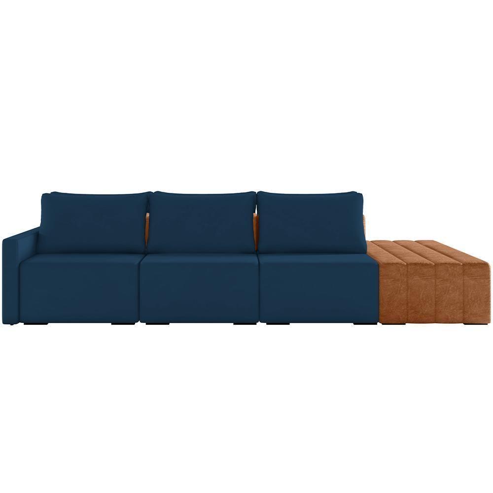 Sofá Ilha Modular Para Sala 312cm Com Puff Dublin K01 Veludo Azul Sintético Caramelo - Lyam Decor - 5