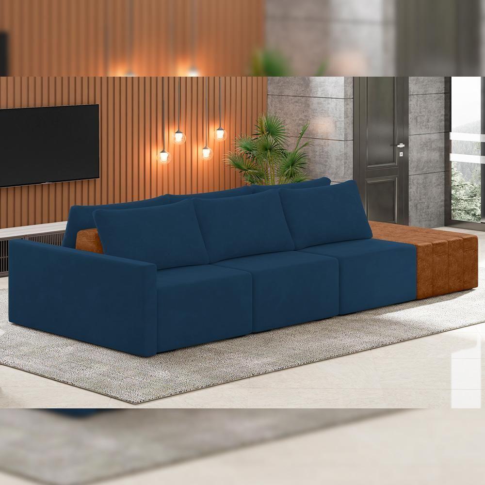 Sofá Ilha Modular Para Sala 312cm Com Puff Dublin K01 Veludo Azul Sintético Caramelo - Lyam Decor - 6
