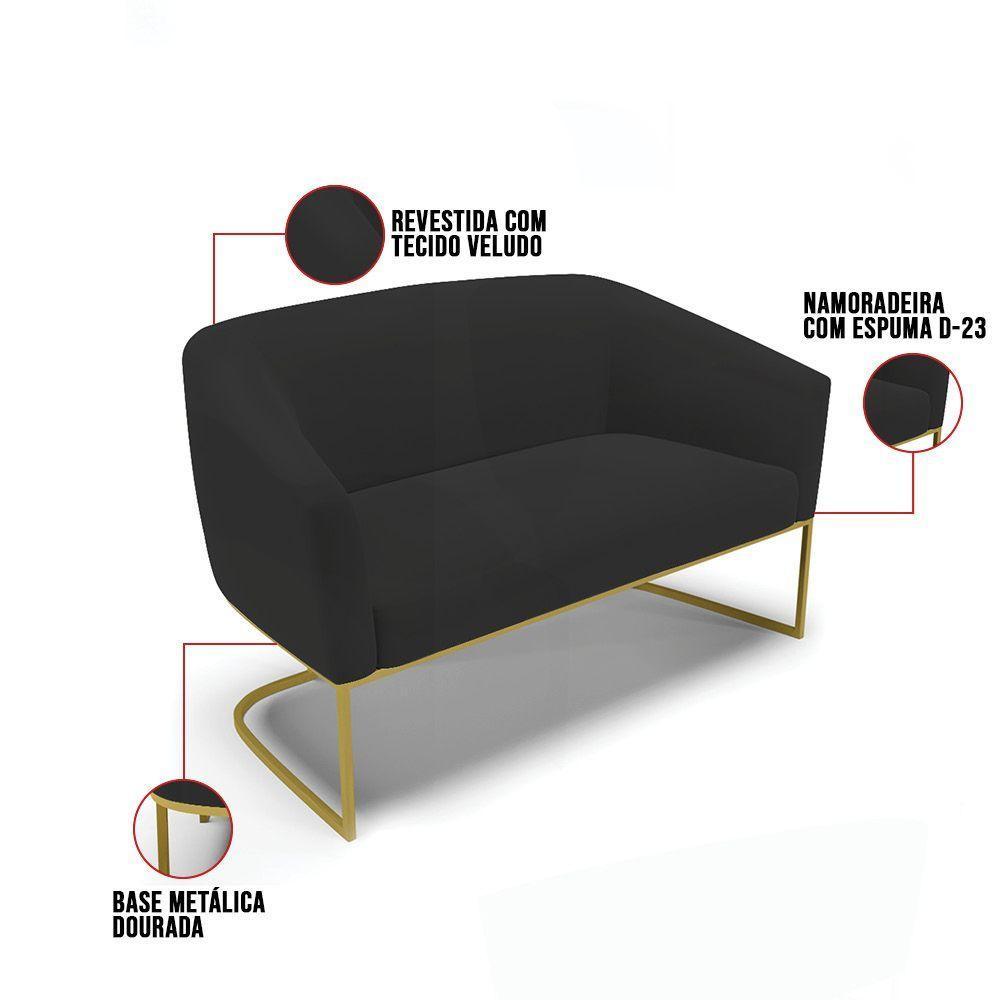 Sofá Namoradeira E 2 Poltronas Base Industrial Dourado Stella Veludo D03 - D'rossi Cor Preto - 4