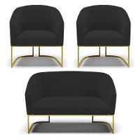 Sofá Namoradeira E 2 Poltronas Base Industrial Dourado Stella Veludo D03 - D'rossi Cor Preto - 8