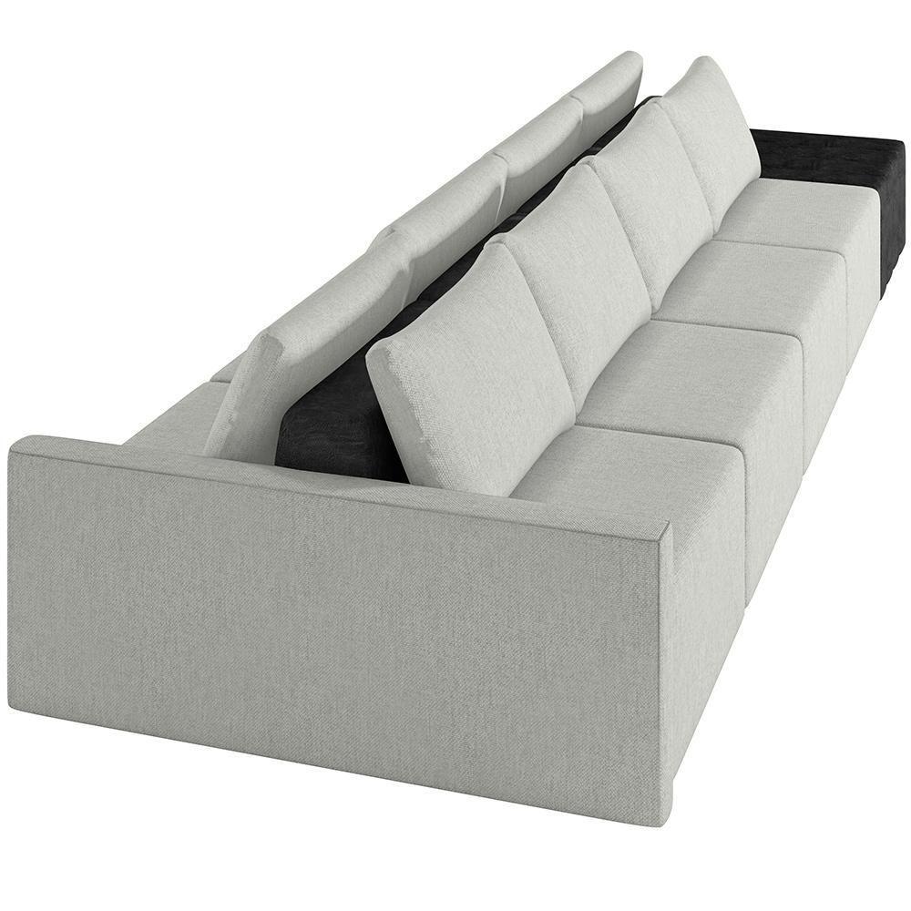 Sofá Ilha Modular Para Sala 392cm Com Puff Dublin K01 Linho Cinza E Sintético Preto - Lyam Decor - 4