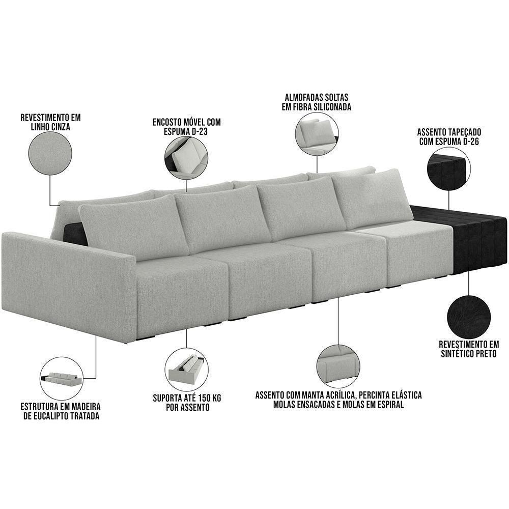 Sofá Ilha Modular Para Sala 392cm Com Puff Dublin K01 Linho Cinza E Sintético Preto - Lyam Decor - 7