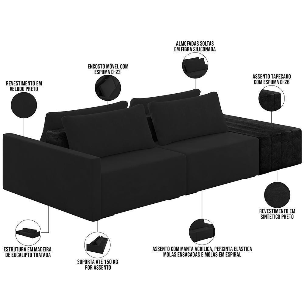Sofá Ilha Modular Para Sala 232cm Com Puff Dublin K01 Veludo Preto E Sintético Preto - Lyam Decor - 6