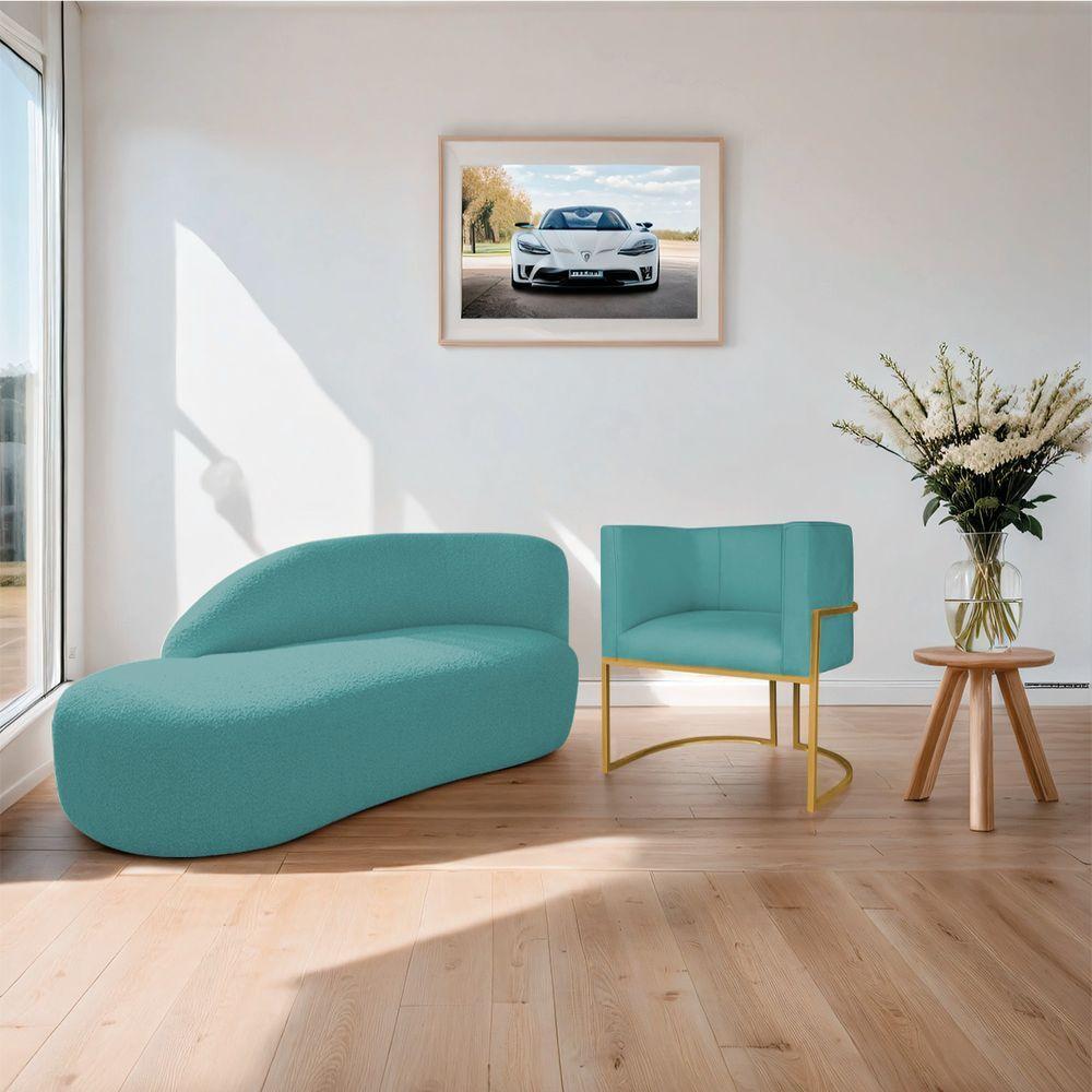Kit Divã Luna 160cm Lado Esquerdo E 01 Poltrona Base De Ferro Dourado Suede Cor Azul Turquesa - 9