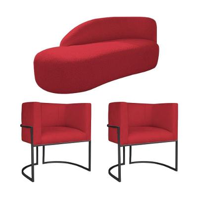 Kit Divã Luna 140cm Lado Esquerdo E 02 Poltronas Base De Ferro Preto Suede Cor Vermelho