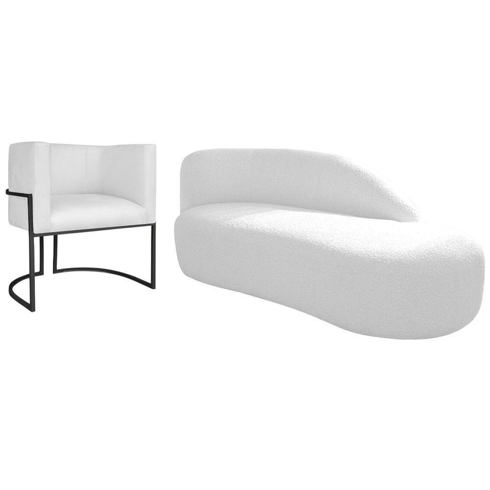 Kit Divã Luna 140cm Lado Direito E 01 Poltrona Base De Ferro Preto Suede Cor Branco - 1