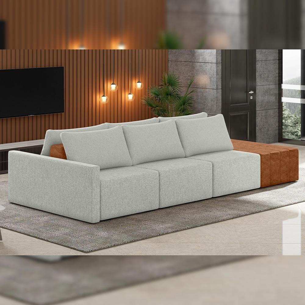 Sofá Ilha Modular Para Sala 342cm Com Puff Dublin K01 Linho Cinza Sintético Caramelo - Lyam Decor - 6