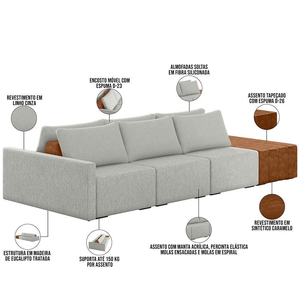 Sofá Ilha Modular Para Sala 342cm Com Puff Dublin K01 Linho Cinza Sintético Caramelo - Lyam Decor - 7
